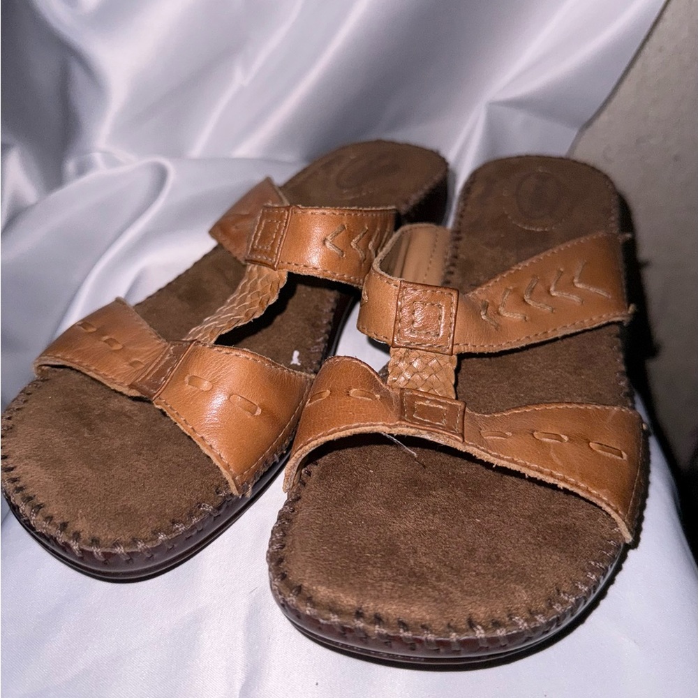 Dr. Scholl's Tan Leather Slide Sandals